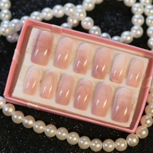 24 PCS Smooth Marble False Nails Long Square Full Designed Nails with Glue Sticker for Ladies