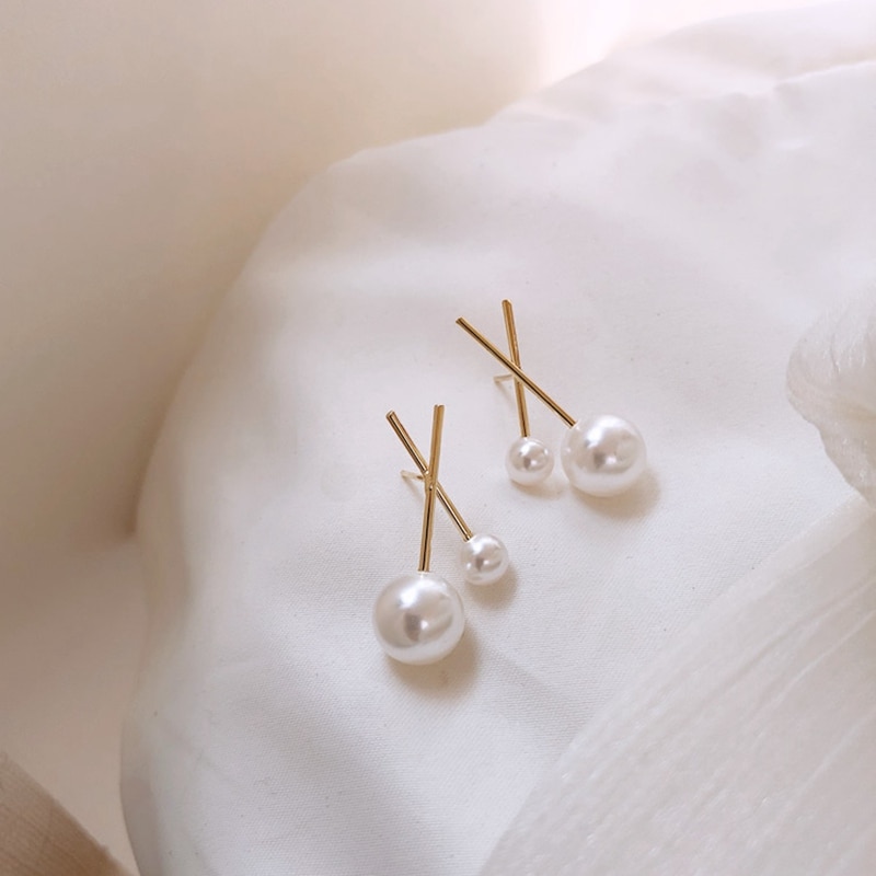 MENGJIQIAO New Cute Elegant Simulated Pearl Geometric Stud Earrings For Women Irregular Cross Metal Jewelry Oorbellen Gift