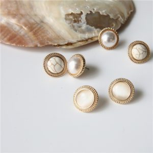 MENGJIQIAO 2019 Japan New Vintage Round Marble Opal Stone Big Stud Earrings For Women Fashion Temperament Simulated Pearl Brinco