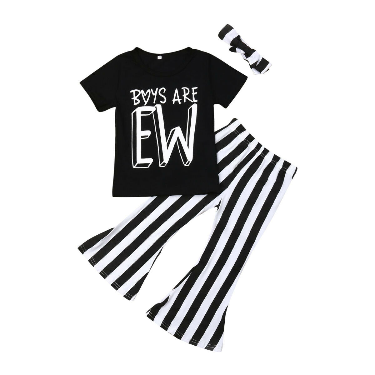 3Pcs Infant Baby Girls Outfits Letters Printed Short Sleeve T-Shirt Top + Striped Flare Pants Long Trousers + Cute Headband
