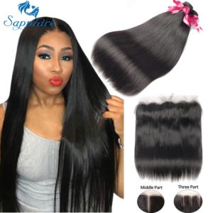 Sapphire Straight Hair Frontal With Bundles Human Hair Bundles With Frontal Brazilian Hair Weave Bundles With Closure Frontal