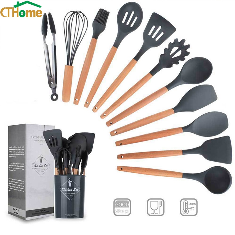 Silicone Cookware Set Kitchen Utensils Cooking Sets Kitchen Kit Accessories Gadgets Tools with Holder Box Nonstick Eco-Friendly