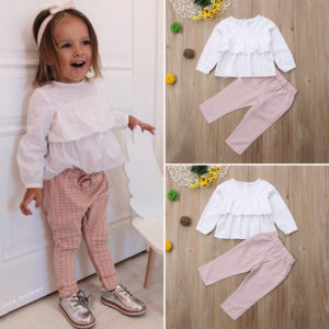 Cute Children Kids Baby Girls Clothes Ruffle Long Sleeve Tops T shirt Blouse with Plaid Pants Leggings Outfits 2Pcs Clothing Set