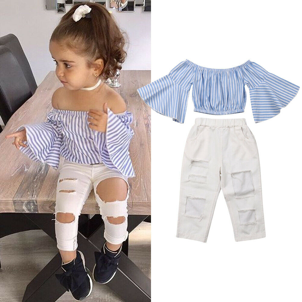 Toddler Little Girls Striped Ruffle Flare Sleeve Off Shoulder Tube Tops + Hole Ripped Pants Summer Outfit 2Pcs Clothing Set