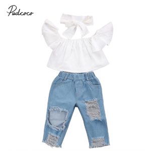 3Pcs Infantil Baby Girls Off Shoulder Casual Tops Ruffle T-shirts Toddler Girls Kid Denim Jeans Kids Baby Suit Toddler Clothes