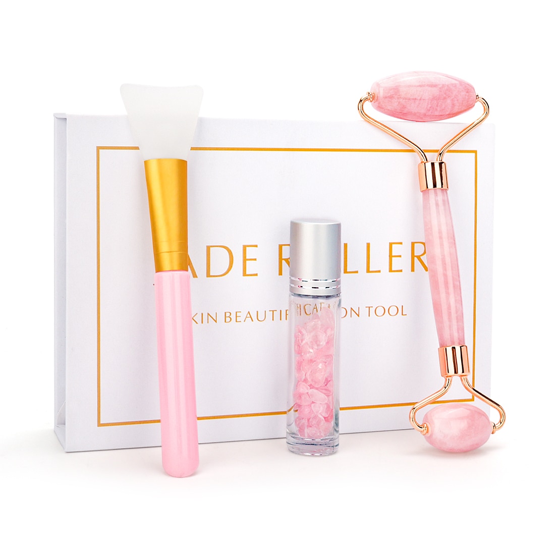 Natural Pink Crystal Jade Roller Double Head Rose Quartz Massage Roller Real Stone Facial Massager Skincare Tools Set with Box