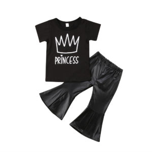 2Pcs Kids Baby Girl Top Short T-shirt Solid Black Bell-bottoms Pants Infant Princess Outfits Clothes 2-7Y