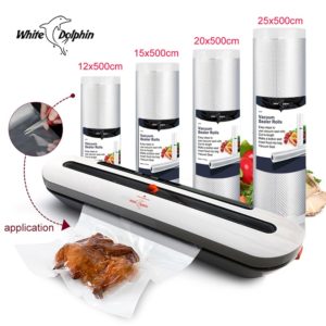 White Dolphin Vacuum Packaging Machine With 4 Rolls Food Saver Bags 12 15 20 25 x 500CM   Kitchen Vacuum Food Sealer 220V 110V