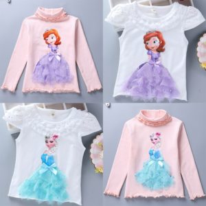 2020 Childen Princess T-Shirt for Girl Cotton Lace Tees Elsa T Shirt Autumn 3D Diamond Appliques Kid Birthday Party Top Clothing
