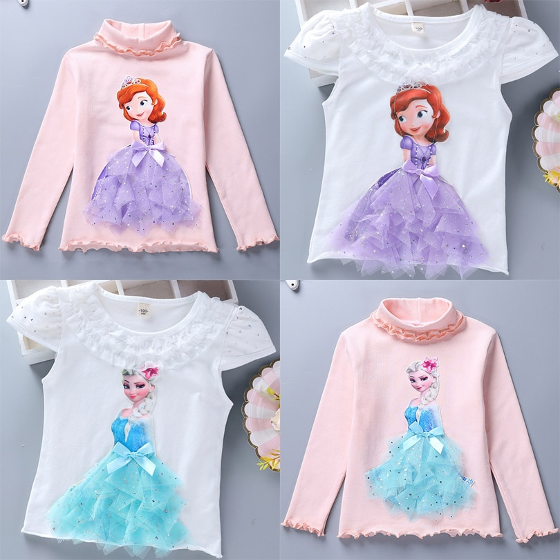 2020 Childen Princess T-Shirt for Girl Cotton Lace Tees Elsa T Shirt Autumn 3D Diamond Appliques Kid Birthday Party Top Clothing