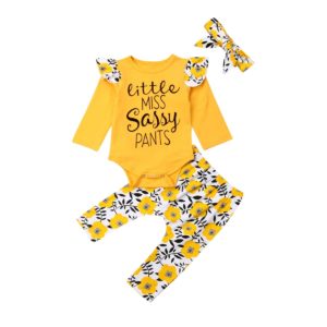 0-24M Newborn Infant Baby Girls Clothes Little Miss Sassy Dasiy Romper Top + Floral Long Pants + Headband Outfit Autumn 3PCS Set