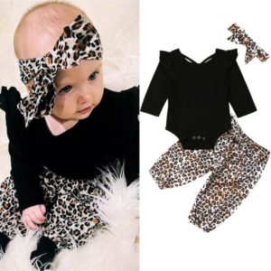 2019 Cute Toddler Kids Baby Girls Clothes Long Sleeve Solid Romper+Leopard Pants Trousers +Headband 3pcs Outfits Set