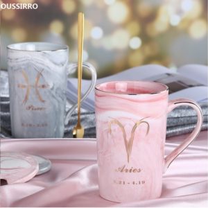OUSSIRRO Natural Marble 12 Constellation Ceramic Pink Zodiac Mug with lid Coffee Mugs Creative Personality Cup 400ml Lead-free