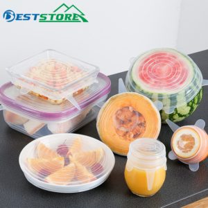 6Pcs Food Grade Silicone Stretch Lids Transparent Stretching Fruit Food Wrap Covers Pan Fresh Keeping Bowl Universal Cover