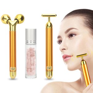 3 in 1 Energy Beauty Bar 24k Golden Vibrating Facial Roller Massager Face Lifting Anti-wrinkle Skin Care Gemstone Roller Ball