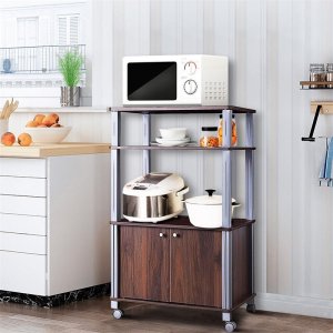 Bakers Rack Microwave Stand Rolling Storage Cart with Wheels 3 Shelves 2-door Cabinet Waterproof P2 MDF Kitchen Cart HW60180