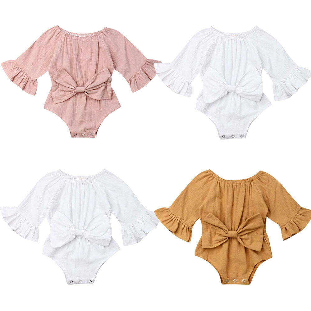 0-24M Newborn Infant Baby Girl Clothes Ruffle Long Sleeve Rompr Jumpsuit Summer Bow Outfit Clothing Solid ropa bebe