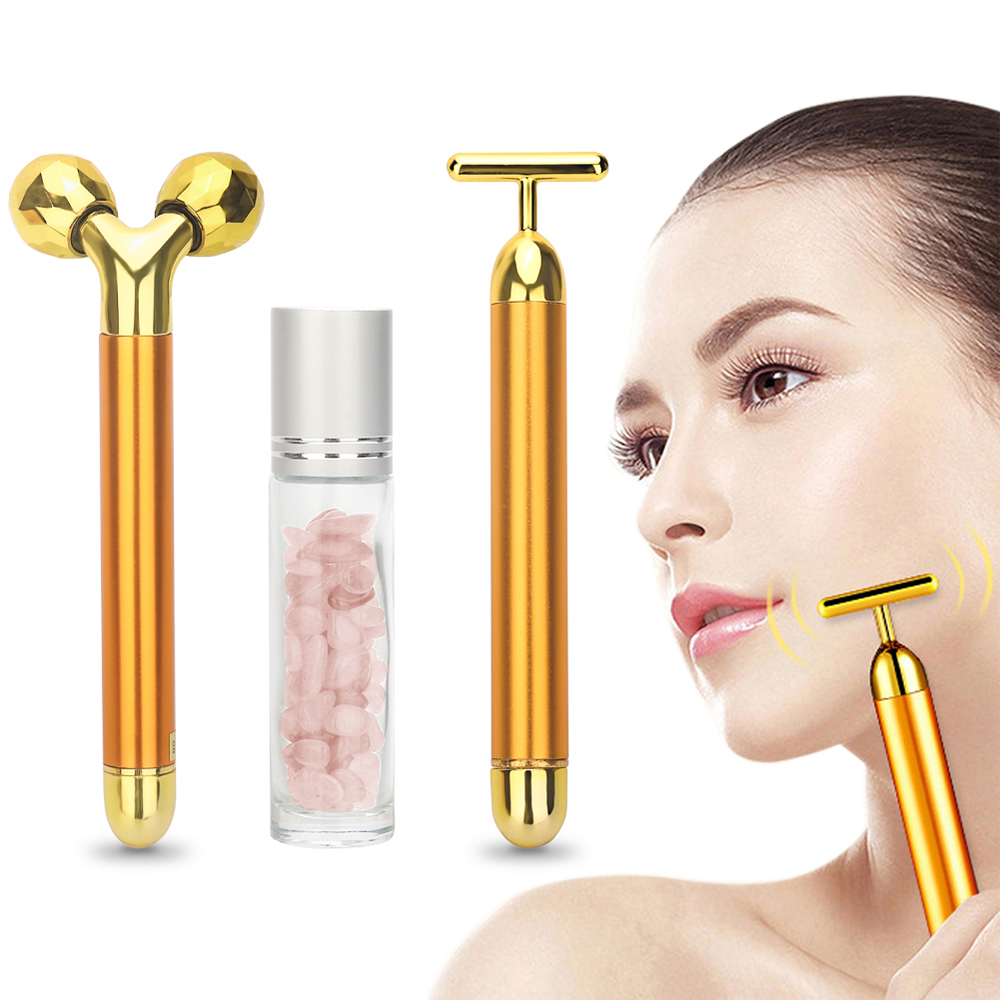 24k Gold Energy Beauty Bar Set 3D Facial Vibration Massage Face Massager Stick Skincare Face Roller Face Lift Stick Beauty Tools