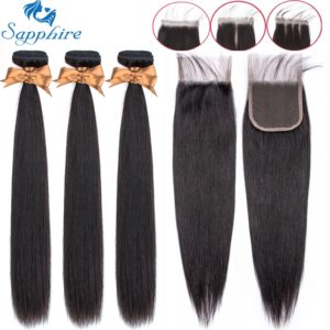 Sapphire Straight Bundles With Closure Brazilian Hair Weave Bundles With Closure Human Hair Bundles With Closure Hair Extension