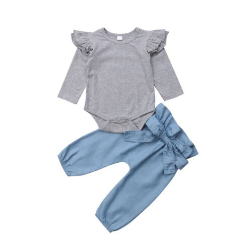 Cute Newborn Infant Baby Girl Cotton Romper Tops Bowknot Denim Pants Outfits Clothes