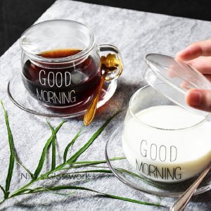 Good Morning Transparent Creative Glass Coffee Tea Drinks Dessert Breakfast Milk Cup Glass Mugs With Handle and Cover